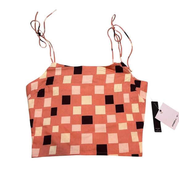 O’Neill Pink Geometric Smocked Crop Top XS Tie Strap Tank NWT - Picture 4 of 8